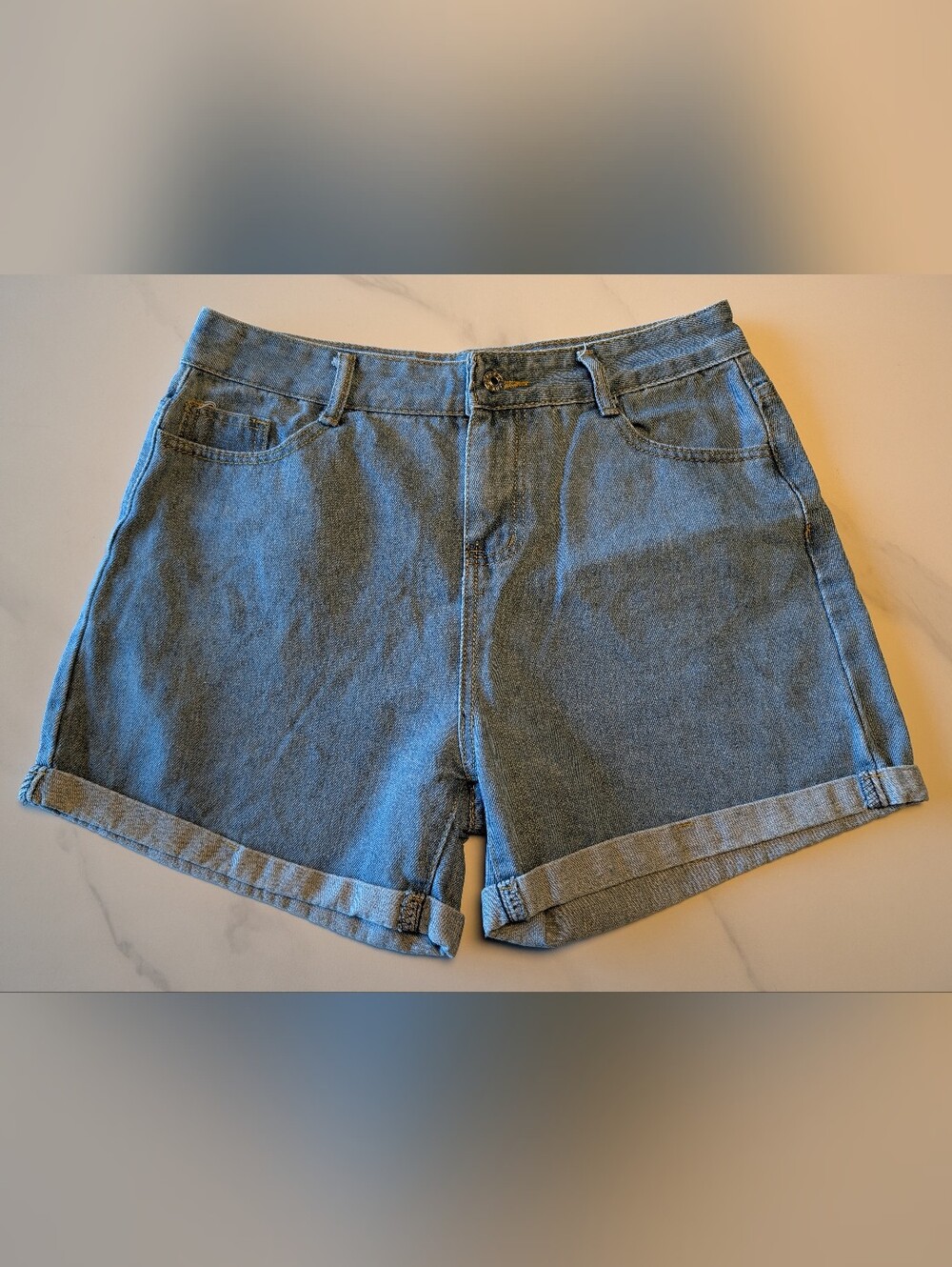 High-Rise Light Denim Jean Shorts with Rolled Hem